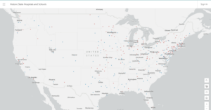 A grayscale map of the continental U.S., with colored dots representing state schools and hospitals
